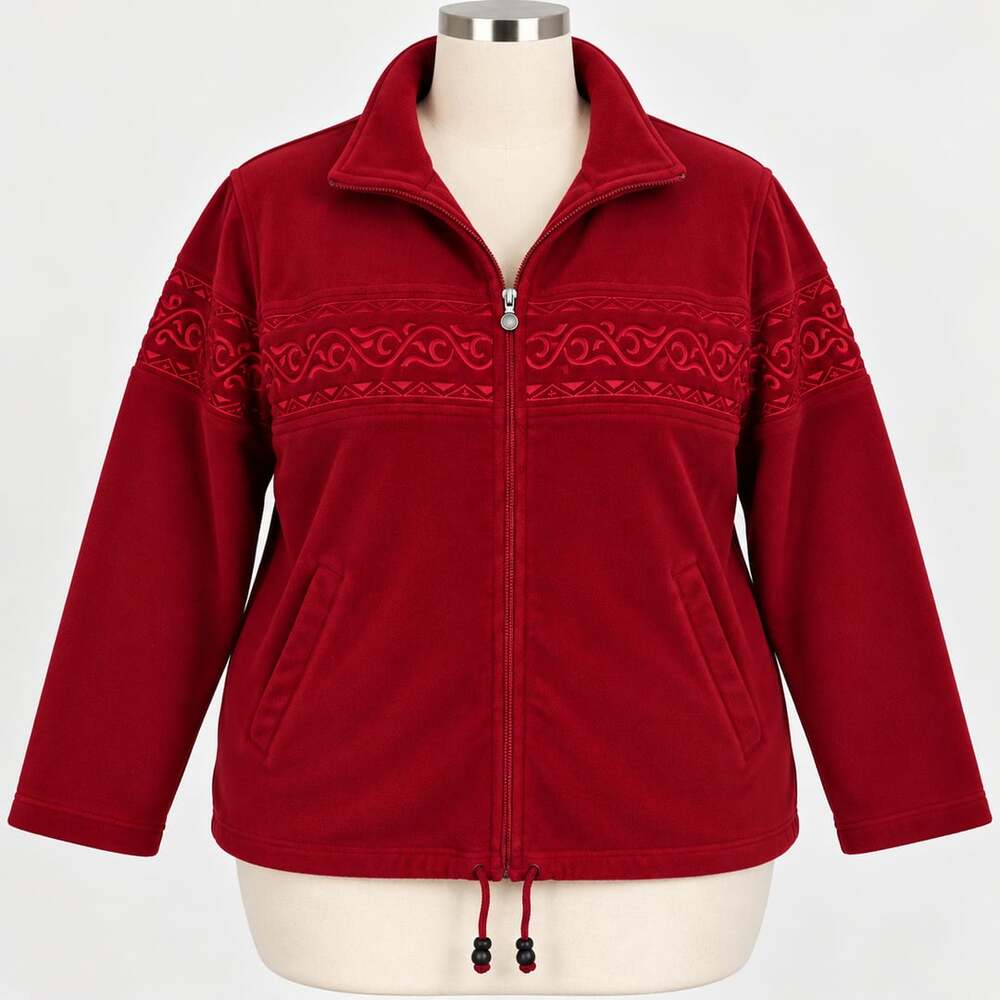 Vintage Y2K Dressbarn Woman 2X Red Fleece Jacket Embroidered Plus Size Zip